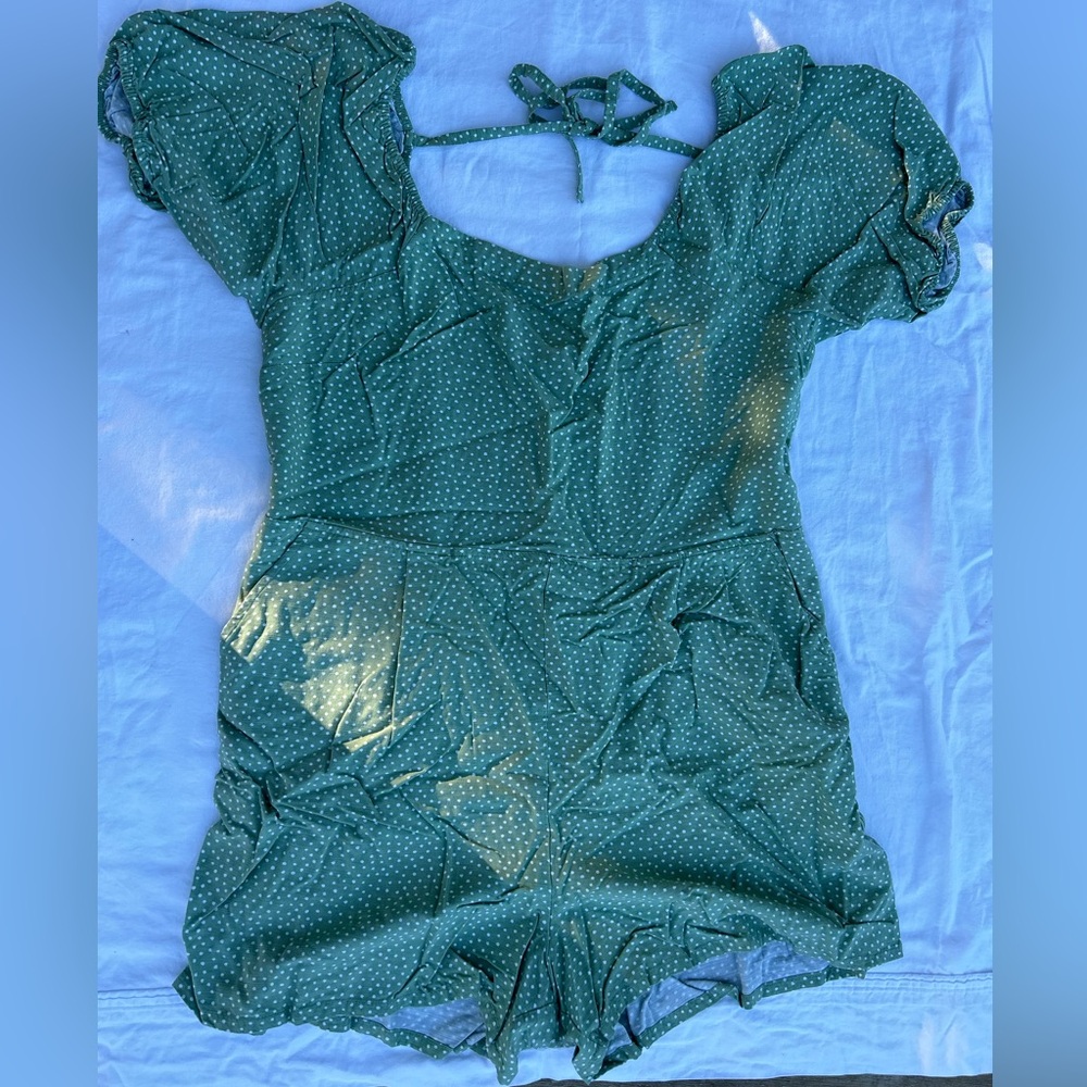 LOFT BEACH Green & white polka dot romper with tie in back.